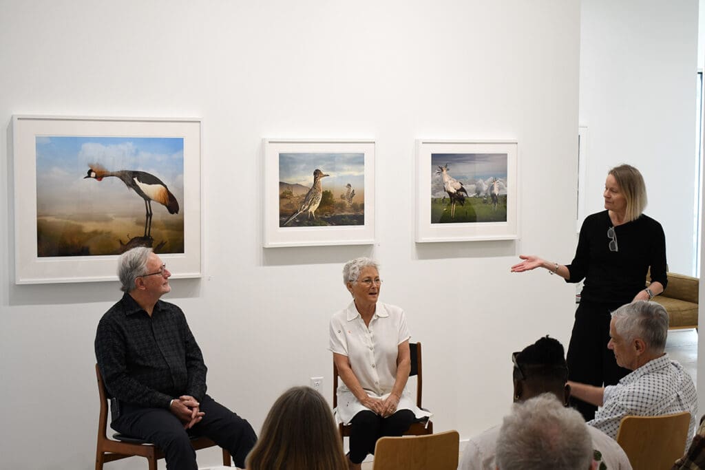 Robert Milnes, Cheryl Medow, Missy Finger at the gallery's artist talk, April 2022. Photographer and birder, Cheryl Medow, and ceramic artist, Robert Milnes, typify the maverick and unexpected originality of PDNB's programming. 