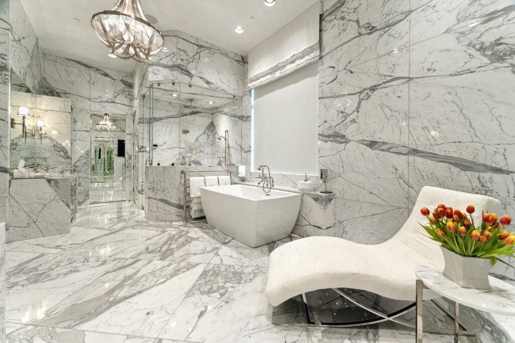 Design of the primary bath was inspired by Italy's luxe Villa d'Este hotel.  (Photo by TK Images)