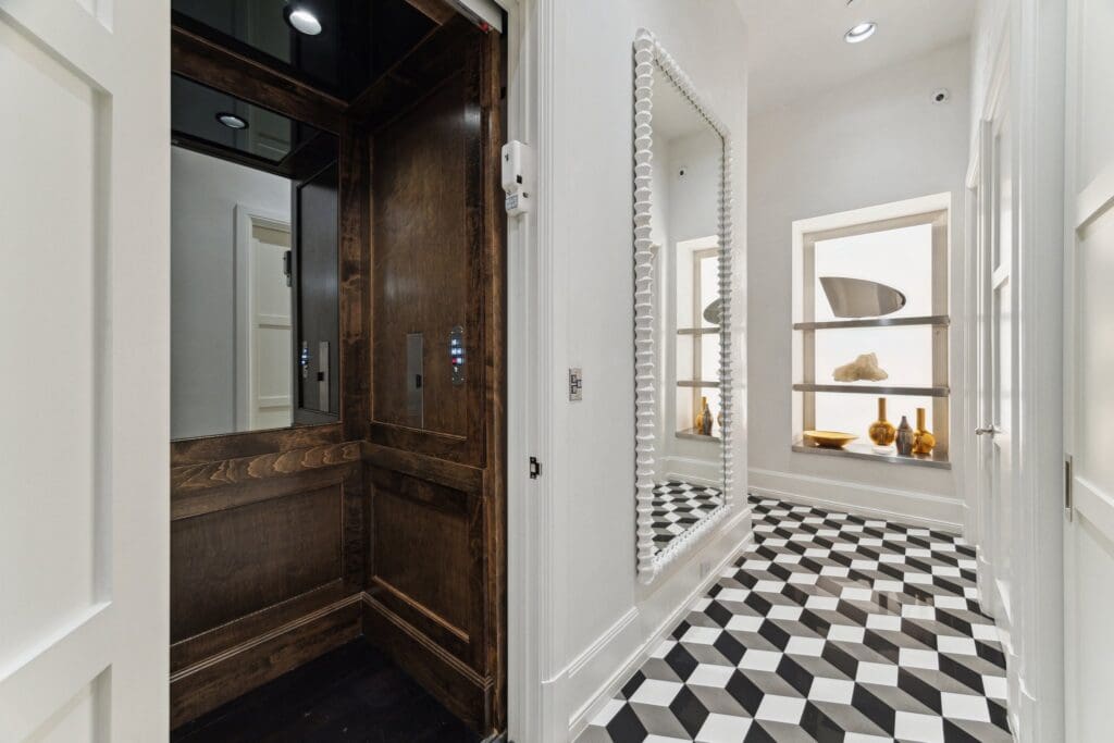 Elevator to the second floor at 220 Merrie Way (Photo by TK Images)