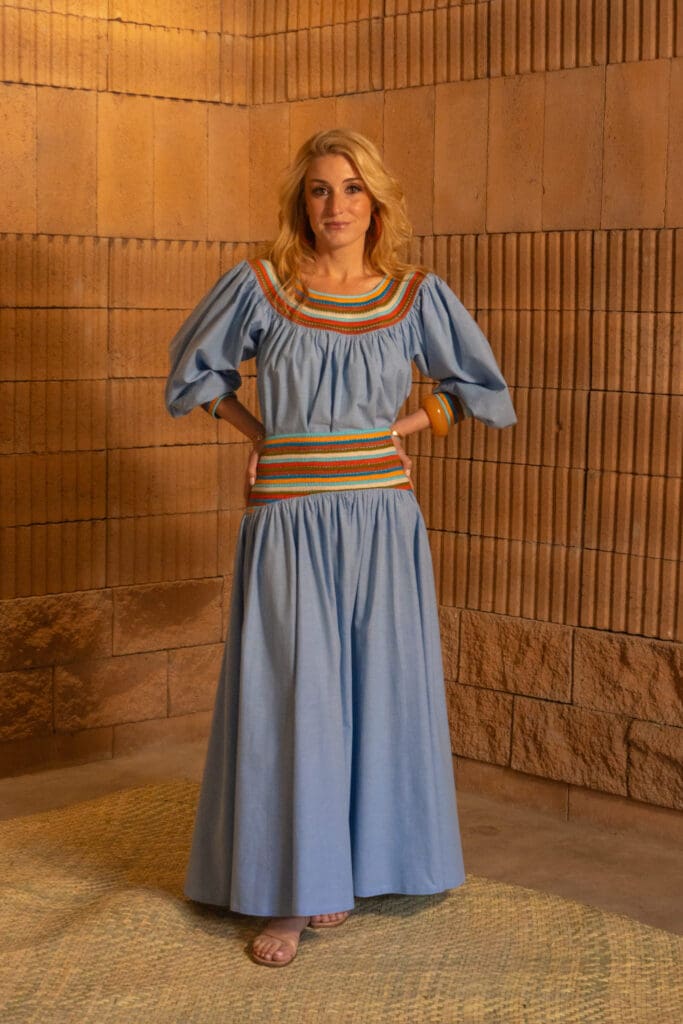 Natalie Steen models the "Sara Azul" top ($395) and "Esmeralda Azul Claro" skirt ($395).  (Photo by Dalí Nelio)