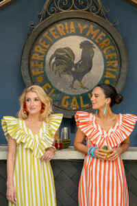 Natalie Steen wears the “Andrea Rayas Verdes” ($475) and Cristina Lynch wears the “Andrea Rayas Naranjas” ($345).