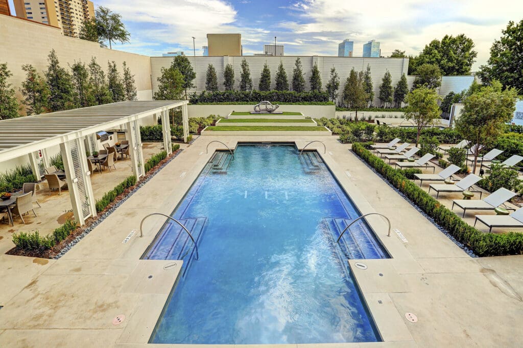 The River Oaks provides a balanced approach to design and functionality, with amenities including a fitness center with separate yoga and Pilates studio.