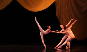 Houston Ballet first soloist Tyler Donatelli, soloist Aaron Daniel Sharratt, and Corp de Ballet dancer Riley McMurray in Ben Stevenson’s “Four Last Songs” (Photo by Amitava Sarkar. Courtesy Houston Ballet.)