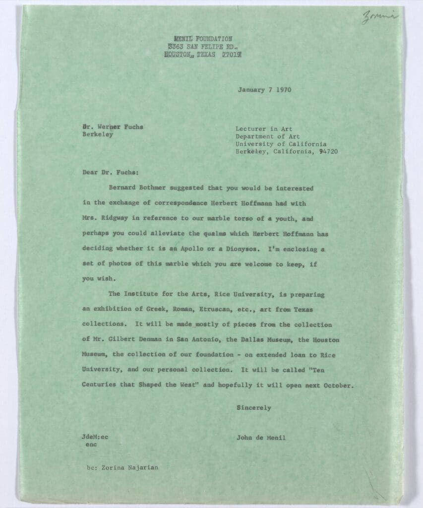 A copy of the letter from John de Menil to Werner Fuchs, January 7, 1970, that launched this exhibition (Courtesy The Menil Collection, Houston)