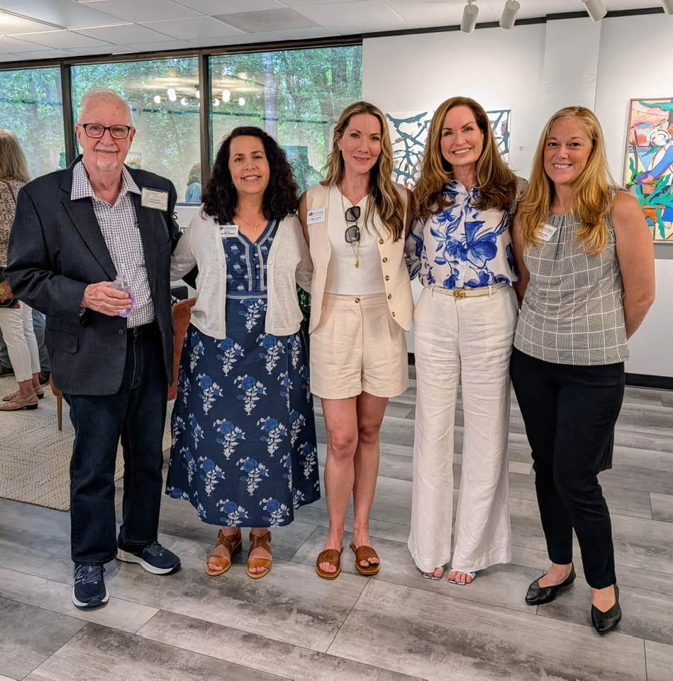 Jim N. Hill with Jenny Carattini Wright, TWAC Board of Directors president Haley Garcia, Cindy Heiser and Laura Snyder during the reception for his painting exhibit at The Woodlands Arts Council on June 5, 2025. (Photo courtesy of Jim N. Hill)