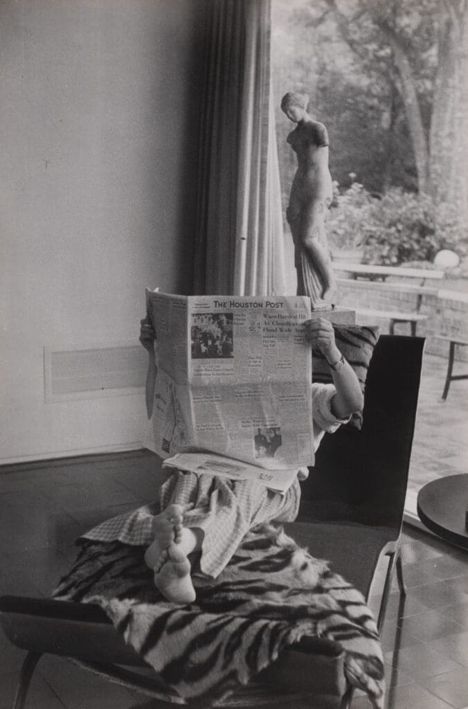 One of the archival images that graces this exhibition is Henri Cartier-Bresson’s "Untitled (John de Menil in living room at 3363 San Felipe on Charles James chaise)," 1957. (© Henri Cartier-Bresson / Magnum Photos)