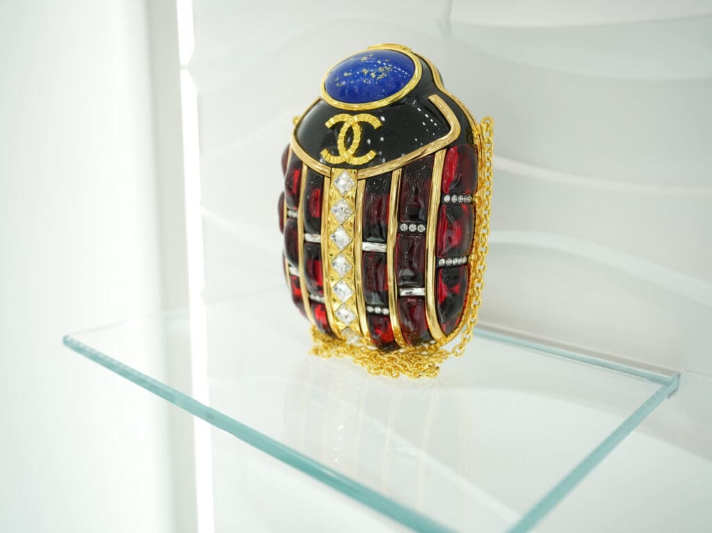 The Chanel limited edition jeweled Scarab Minaudière from the 2019 Métiers d'Art "Paris-New York" collection, which was a final collection designed by Karl Lagerfeld. (Photo by Ted Bell)