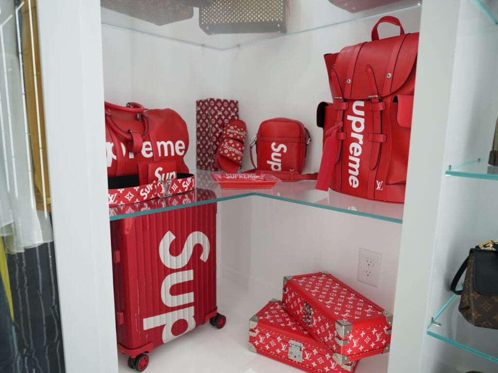 The Louis Vuitton x Supreme collaboration has a corner in the Roemer closet.