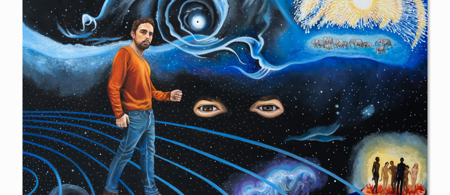 Lynn Randolph’s “Seeker Searching for Forbidden Zones,” 2019, at Kirk Hopper Fine Art