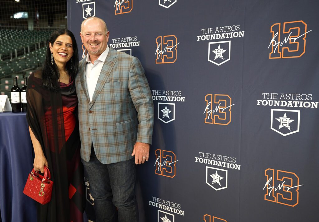 Houston Astros executive vice president marketing & communications Anita Sehgal, MLB Hall of Fame honoree Billy Wagner during the Houston Astros Hall of Fame Wine Event at Daikin Park.