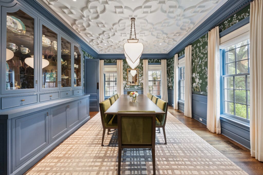 Inside the dining room, hand-painted De Gournay wallpaper stars, with a strong supporting actor performance from the intricately detailed plaster ceilings. (Photo by Full Package Media / Compass)
