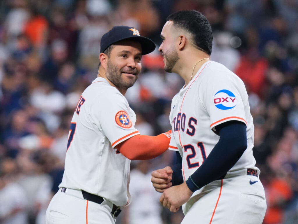 Jose Altuve is pumped to see Yainer Diaz deliver big hits. (Photo by F. Carter Smith)