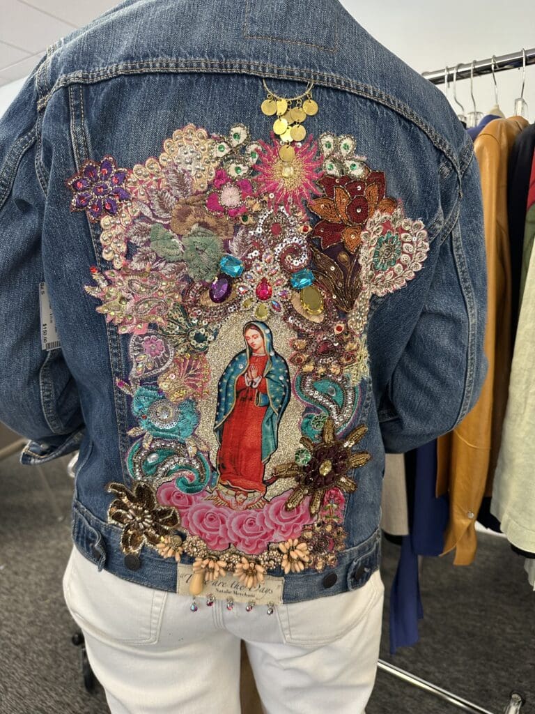 Brand new beaded Levi jackets can be found at the Blue Bird Circle Couture Boutique
