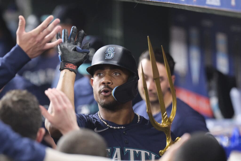 Julio Rodriguez and the Seattle Mariners have been raising their Trident a lot against the Astros. (Photo by F. Carter Smith)