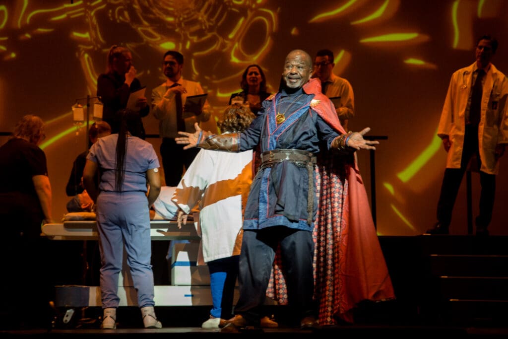 Paul Shanklin as Dr. Strange with the cast of Night Court's "Law’s Anatomy: The Juris Doctor Will See You Now" (Photo by Ricornel Productions)