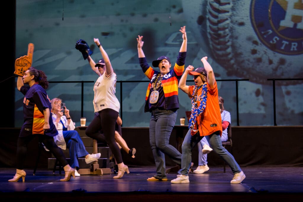 Sara Memi, Sofia Strauss, Blair Parker and Dana Lizik as Astros fans in Night Court's "Law’s Anatomy: The Juris Doctor Will See You Now" (Photo by Ricornel Productions)