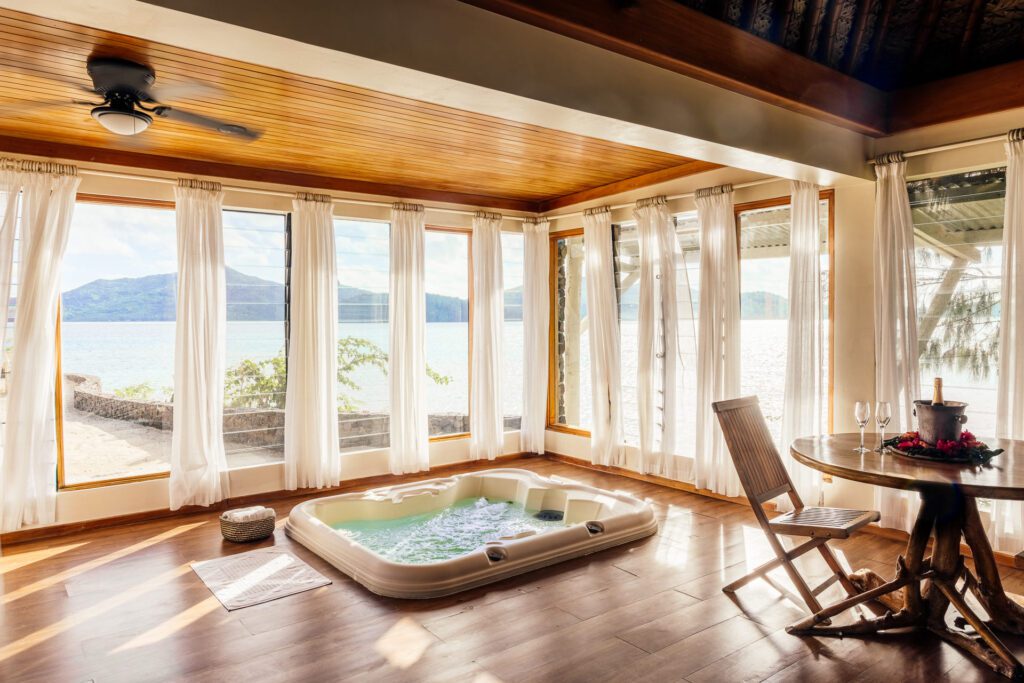 Each bure has its own indoor hot tub.  (Photo by Turtle Island)