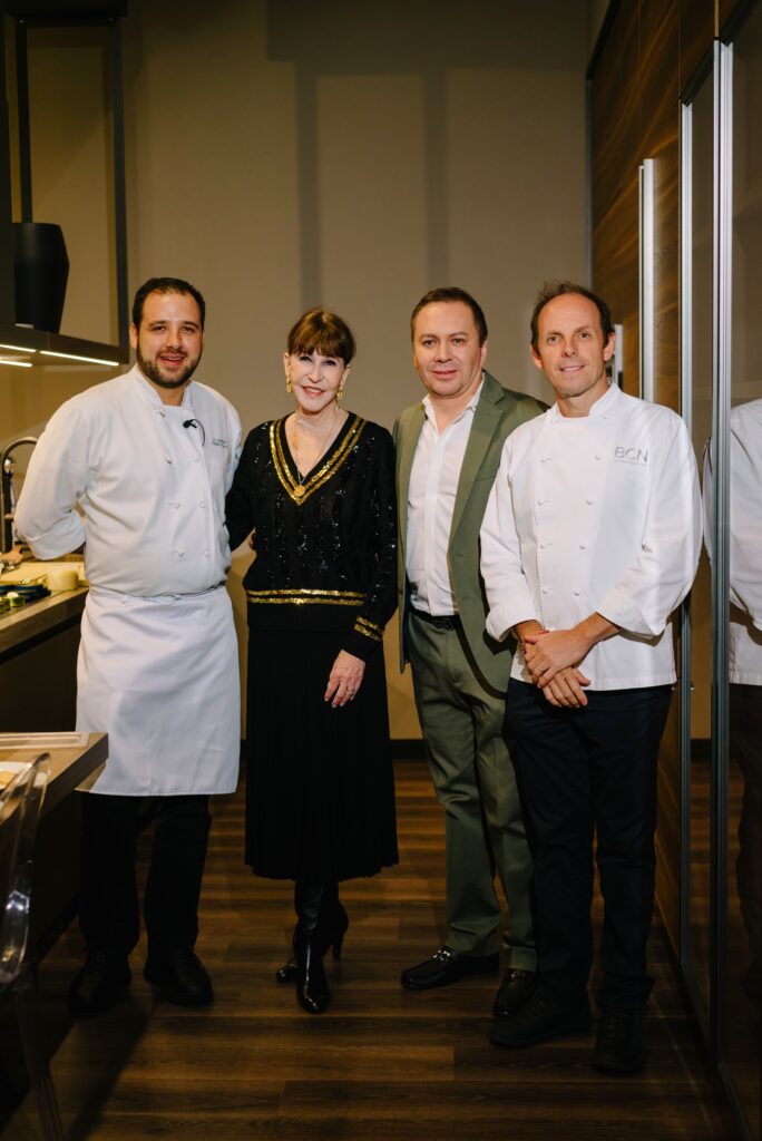 Michelin star chef Felipe Botero, interviewer Shelby Hodge, host Adrian Dueñas, Michelin star chef Luis Roger at the BeDesign Chef Series No. 2