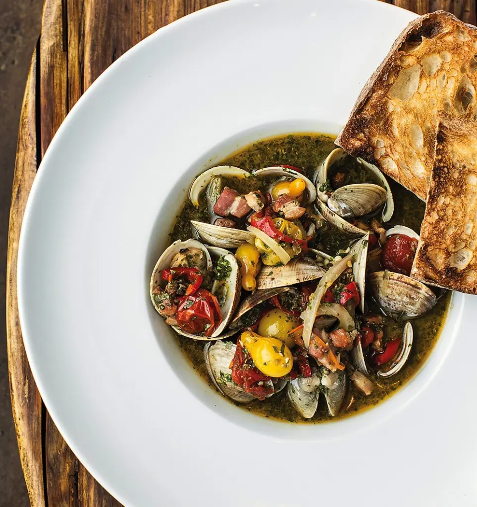 Littleneck clams with house pancetta, confit tomato 