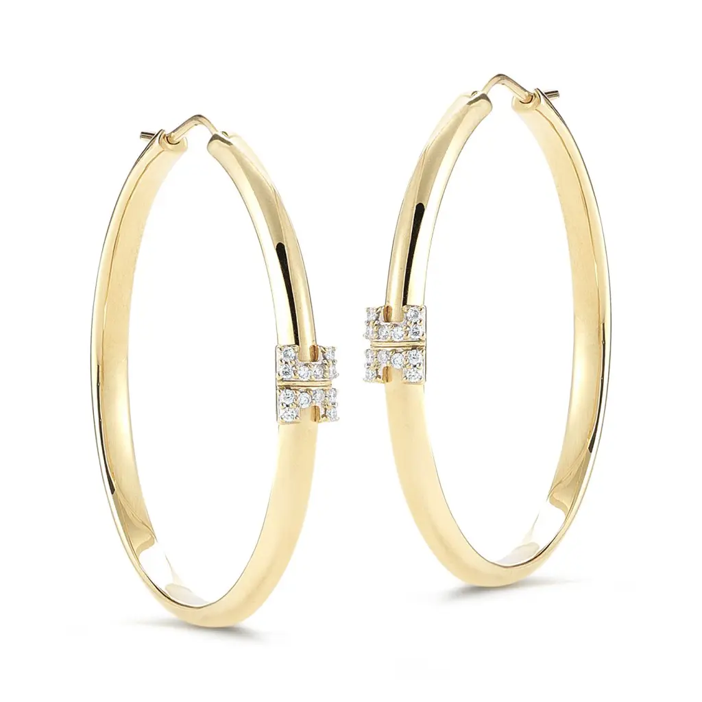 Metropolis Sol diamond hoops with IT motifs.