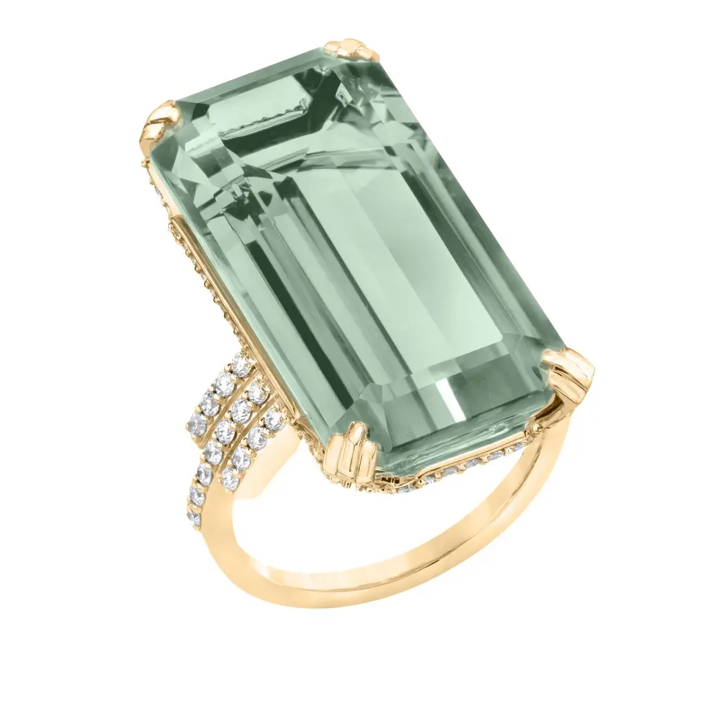 Empire elongated ring with prasiolite and diamonds.