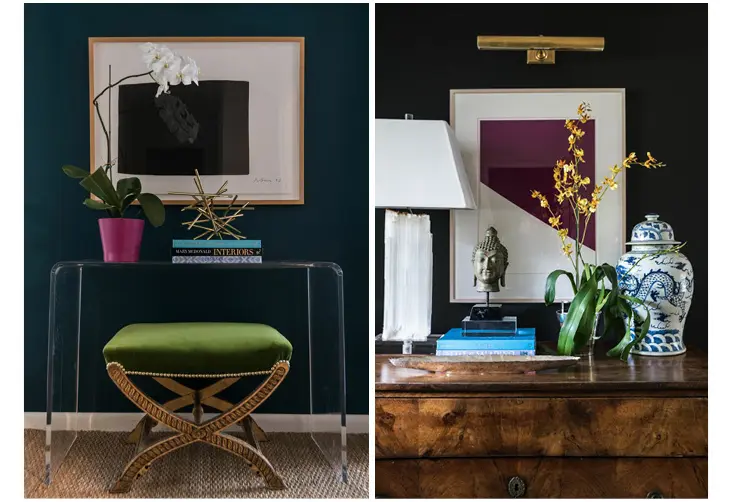 Left: table from CB2, gold sculpture from Global Views, antique gold gilt bench from Round Top covered in Kravet velvet, artwork: Richard Serra through John Szoke Editions. Right: chest - 19th C. Empire commode purchased in Round Top, Selenite lamp through Jan Showers and artwork by Ellsworth Kelly through Gemini Gel. Art light from Circa Lighting and wallcolor paint: Sherwin Williams Tricorn Black.
