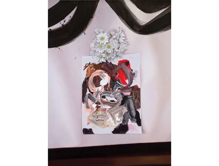 "Daisy Jammer," 2015, has a palette that subtly alludes to the hues of a ball gown in a John Singer Sargent canvas.  
