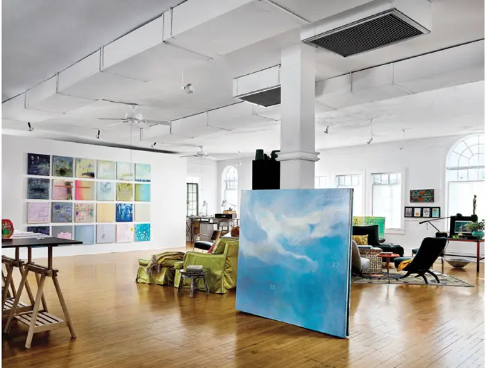 Palazzolo’s 'The Hours,' 2014, holds court on an expanse of studio wall. Against the post, one panel of a diptych, 'Counting Absence #6 (for W.W.),' 2004. 