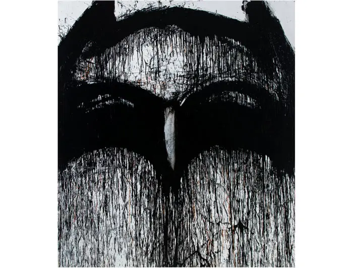 "Holy Batman," 2015, threatens to dissolve into abstraction.