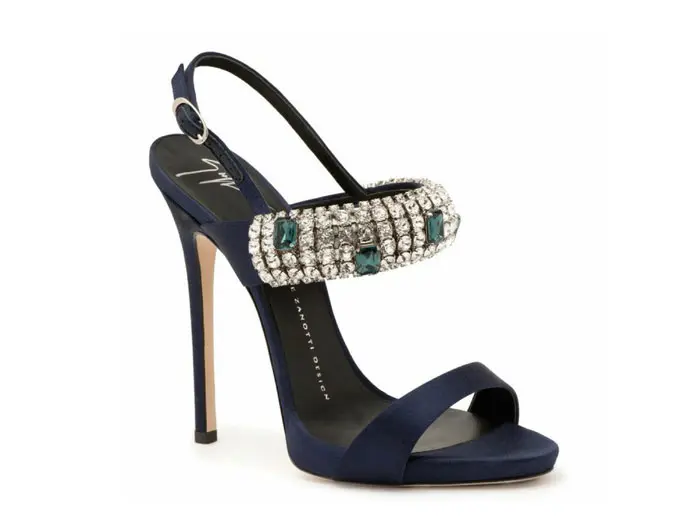 Navy satin high heel with crystal bracelet
