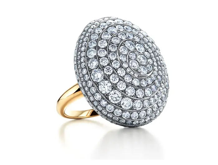 Pebble ring of blue diamonds in 18K white gold and a yellow gold band