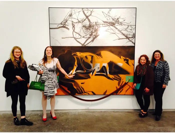 The Dallas Contemporary's solo for David Salle drew throngs to its opening night. 
Shown: Christy Karll, Catherine Anspon, Sharon Korpiva, Deborah Colton with Salle's "Camus," 2010. Collection Jennifer and David Stockman, Aspen. 