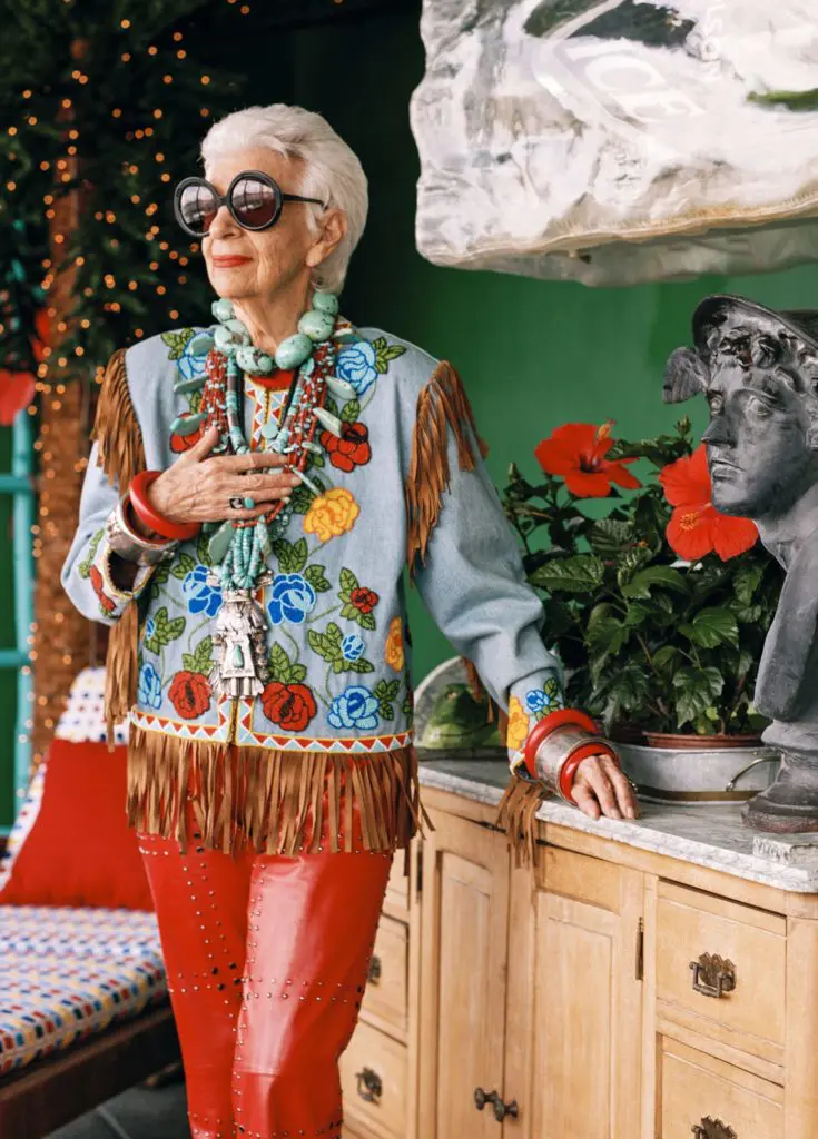 Iris Apfel the subject of an exhibition, Rara Avis (Rare Bird): Selections from the Iris Apfel Collection, that was premiered by the Costume Institute at New York's Metropolitan Museum of Art.  She was 84 at the time.