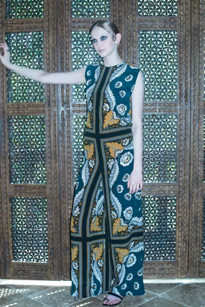 Valentino foulard crepe de chine patchwork jumpsuit, Halleh Sphaera earrings, Ileana Makri double cat-eye ring, Gianvito Rossi sandal