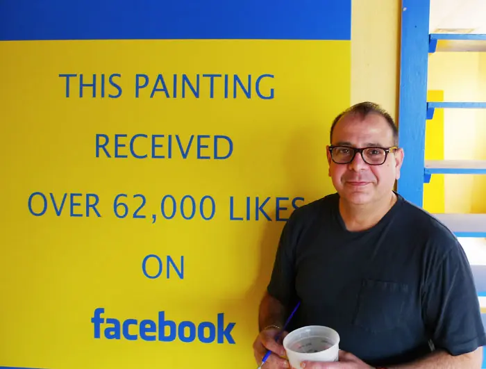 Diaz at work on one of the canvases for this solo. Internationally exhibited, the artist, known for text pieces and Pop images informed by his Mexican-American heritage, was one of the talents mentored by the late Linda Pace. 