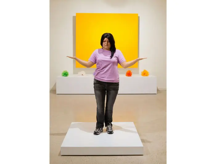 The cast resin sculpture, "Muebles (Hat Stand)," 2015, borrows from British Pop master Allen Jones in its take of turning people into home furnishings. There are also social issues at play here, especially regarding migrant workers. 
