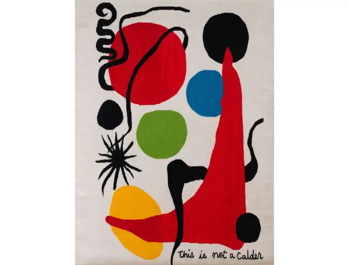 "This is not a Calder," 2014, quotes from Magritte, while referencing Calder; the hand-woven, hand-dyed wool tapestry was made at the famous Tailer de Gobelinos in Guadalajara. 