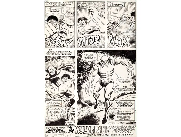 The first-ever appearance of Wolverine yielded an incredible price and new world record — $657,250 — for original art from the final page of Marvel's 1974 "The Incredible Hulk #180." The comic drawn by Herb Trimpe went down May 16, 2014, in Dallas. Even better: The consignor donated most of the proceeds to the nonprofit Hero Initiative to assist comic-book creatives in need. 