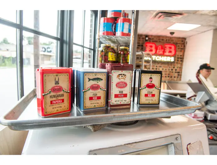 A variety of spices and rubs are showcased in the butcher shop. Photo courtesy Fulton Davenport. 