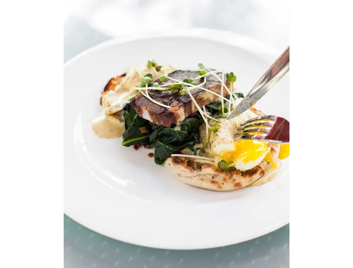 Beef Tongue Benedict at Hubbell & Hudson Bistro. Eggs Benedict, Braised Beef Tongue, Collard Greens, Two Poached Eggs,
Bordelaise & Truffle Hollandaise. 