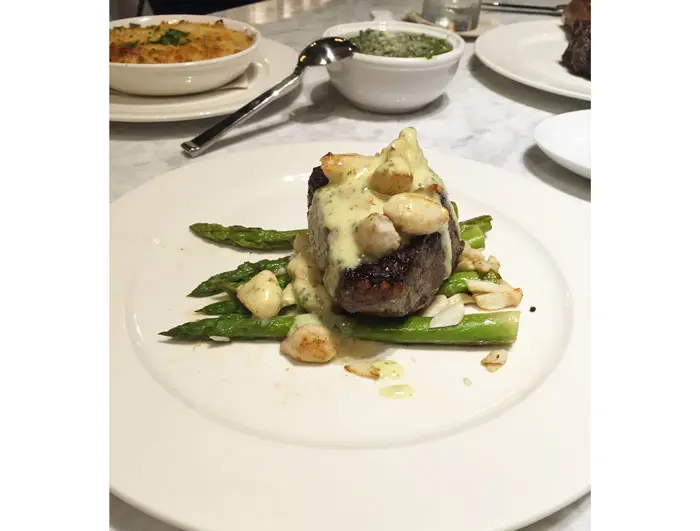 Filet oscar style with asparagus and creamed spinach. 