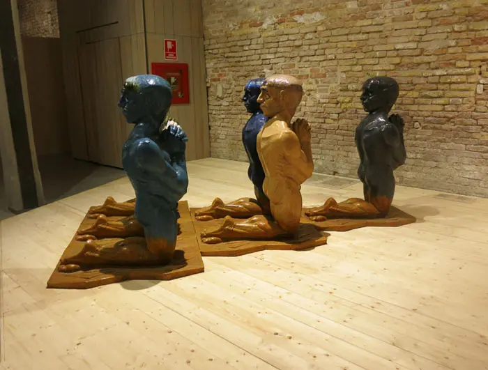 Argentine Pavilion, Arsenale: Juan Carlos Distéfano's “The Uprising of Form.” 
This installation is a reflection of the human condition made from reinforced polyester, and warns of possible futures. His artwork is politically charged, and upon occasions has been historically censored for “moral” reasons. Very soulful work and presents human struggle.