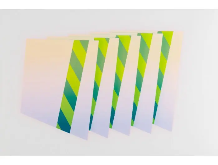 At Art Palace, Jeffrey Dell's print-making prowess is very much in evidence (through July 4). The Texas artist, based in San Marcos and head of the printmaking department at Texas State University, is one of the country's most inventive in the print medium. Shown: Dell's screenprint "Green Stripe Array," 2015. 
