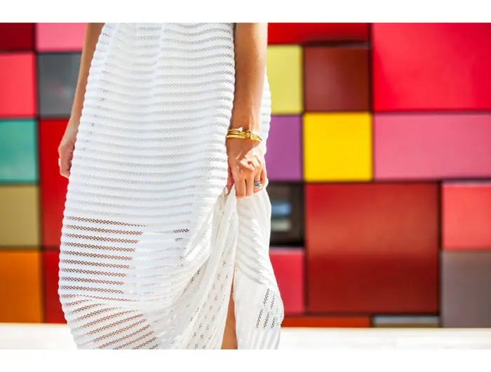The infamous color wall at Discovery Green —  a great background for Knapp's summer whites