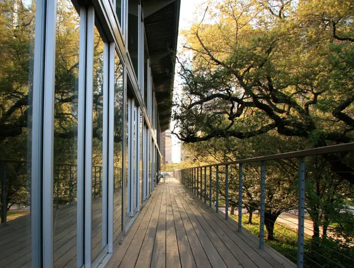 The Grove restaurant patio, located right in the heart of Discovery Green park downtown
