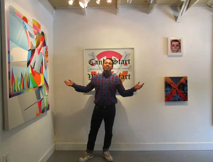Gallerist Pablo Cardoza opened his eponymous space in November 2010; he's gained traction as a incubator space for notables such as Chris Cascio. On left: a canvas by street artist Dual. On the right, works by James Burns. 