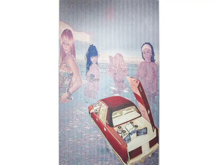Chris Henry, one of three Houston up-and-comers headlining now at Cardoza, contributes this cool low-brow take on a tapestry, "Ocean of Funk," 2014.