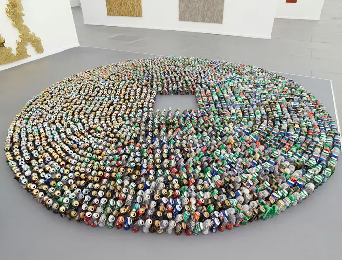 Kader Attia’s “Halam Tawaaf,” 2008, at Lehmann Maupin, Frieze New York, featured 2,978 beer cans aligned in a prayer formation. Photo Elisabeth Bernstein.