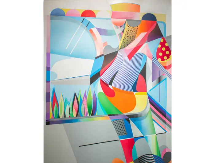 DUAL, who began as a street artist, combines abstraction and figuration in a nifty stew, realized in the complex aerosol and acrylic on vinyl work, "Waitin' on My Man," 2014. (Courtesy the artist and Pablo Cardoza Gallery) 