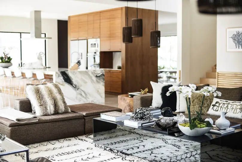 Open-plan view across the living room and kitchen.